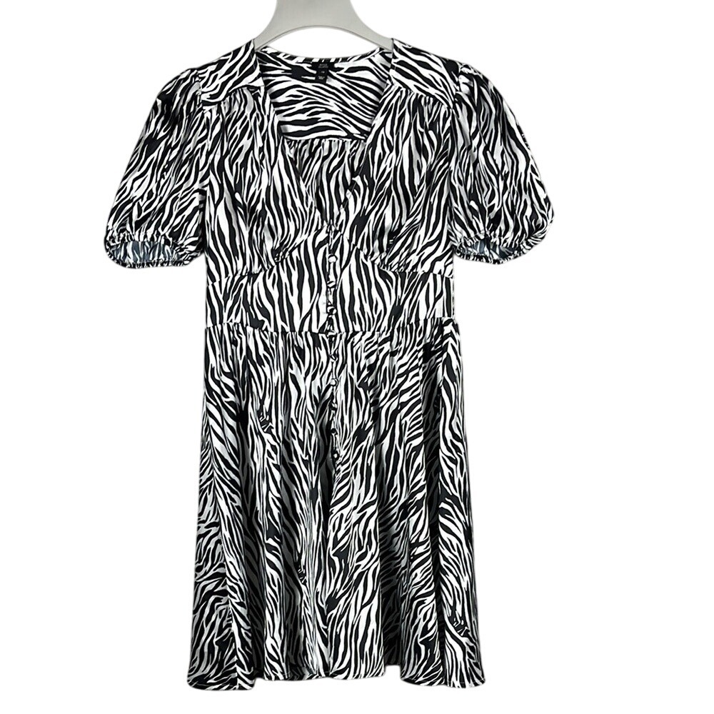 River‎ Island Zebra Print Puff Sleeve Mini Dress Womens Size 10 Black White